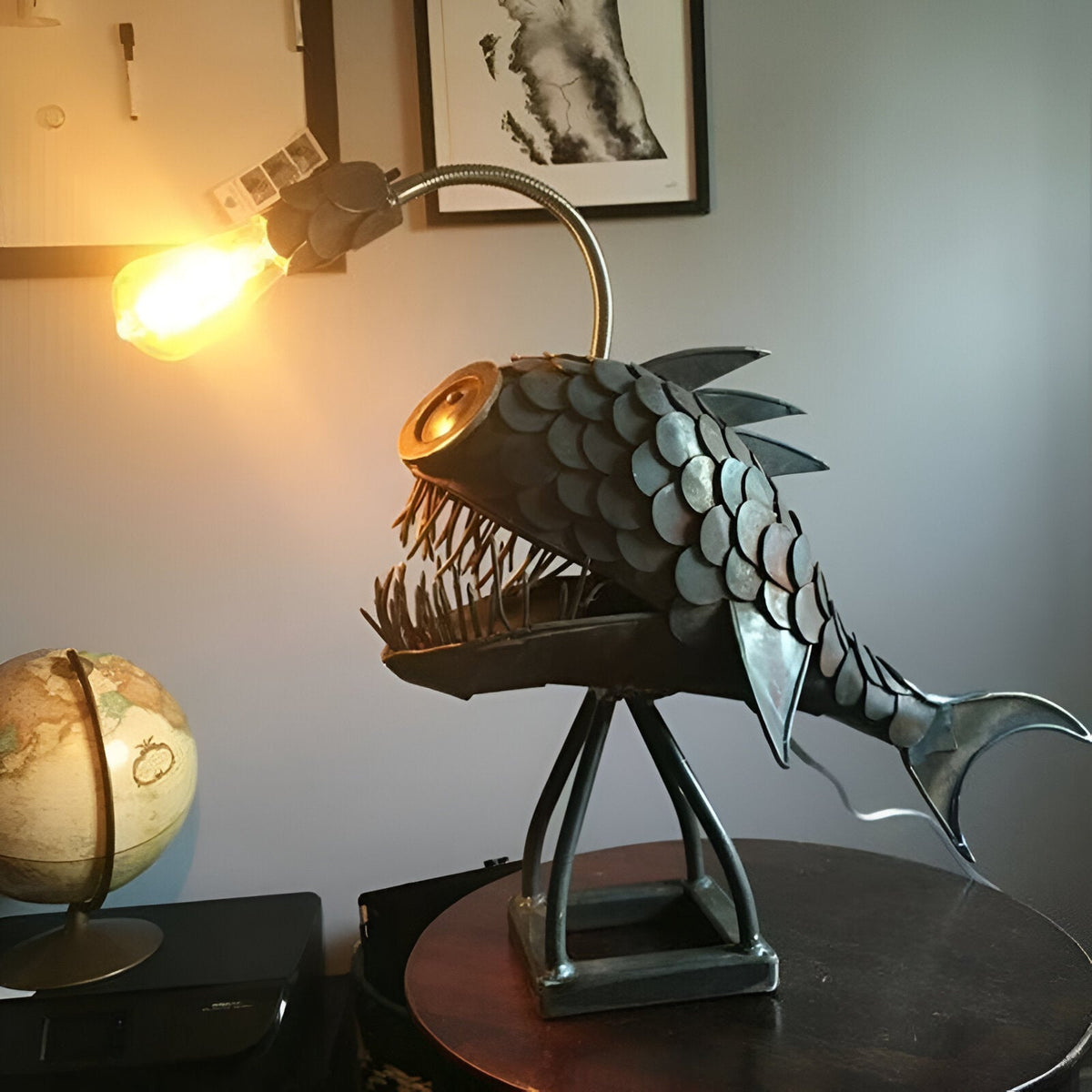 AquaGlow Angler Fish Lamp | Rustic Adjustable LED Table Light