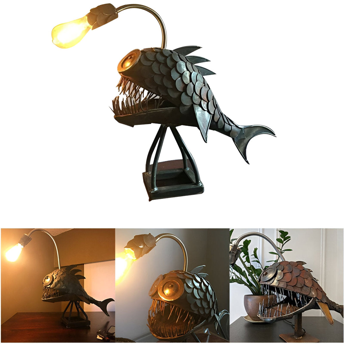AquaGlow Angler Fish Lamp | Rustic Adjustable LED Table Light