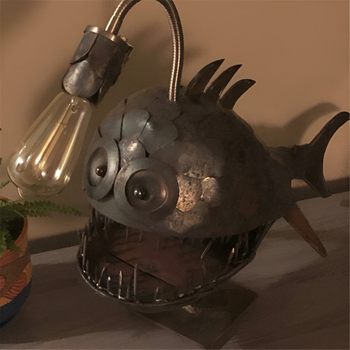AquaGlow Angler Fish Lamp | Rustic Adjustable LED Table Light
